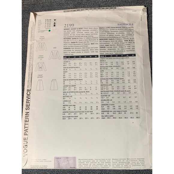 Vogue Vintage Model 40's Jacket & Skirt Sewing Pattern 2199 Size 12 uncut - Picture 2 of 2